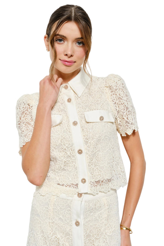 Puff Short Sleeve Lace Shirt