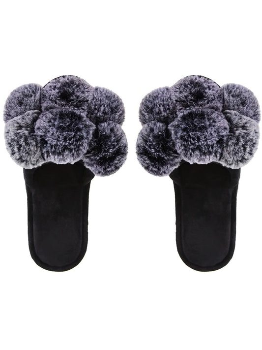 Luxe Pompom Open Toe Plush Slippers