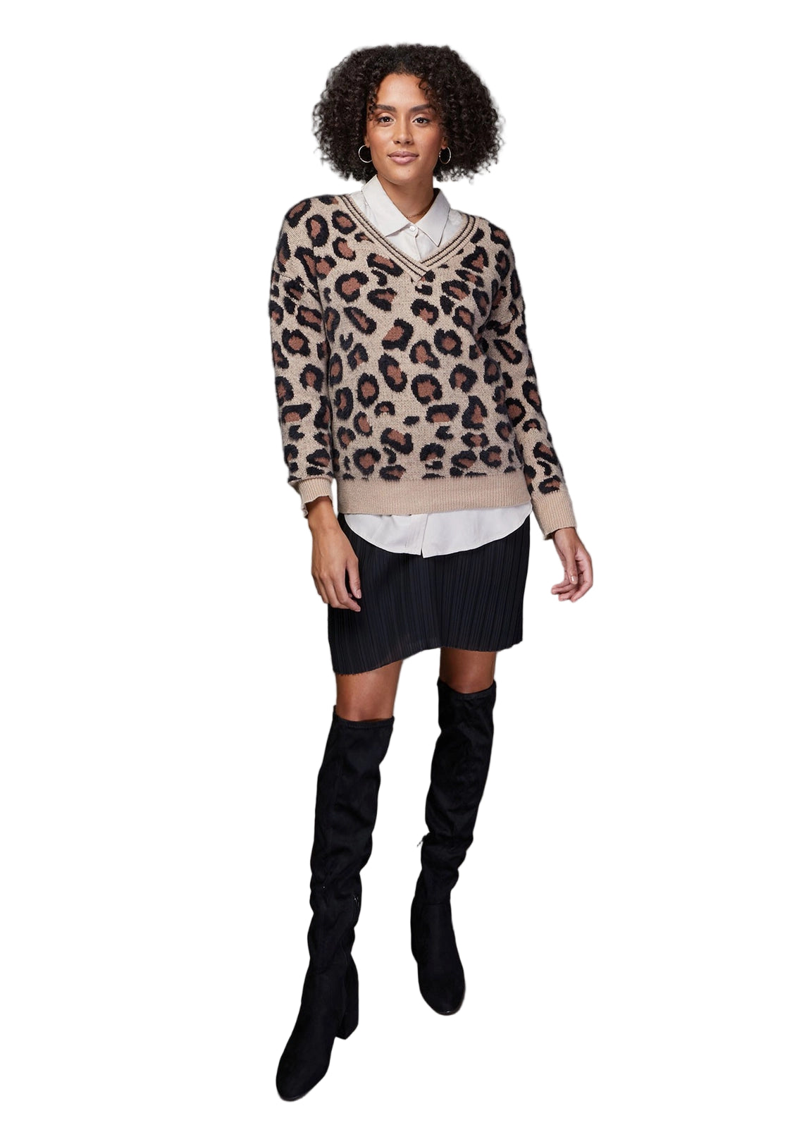 Leopard V Neck Pullover Sweater