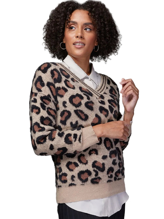 Leopard V Neck Pullover Sweater