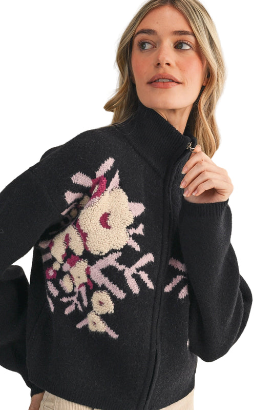 Floral Zip Up Sweater Cardigan