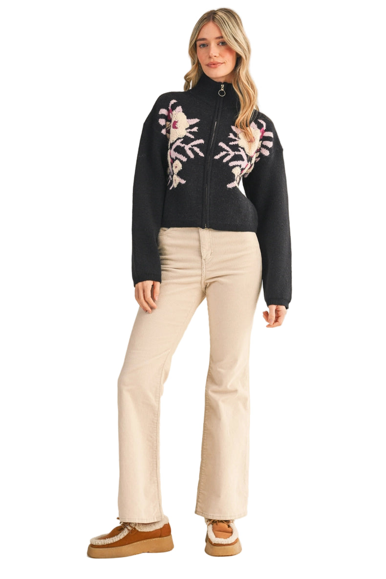 Floral Zip Up Sweater Cardigan