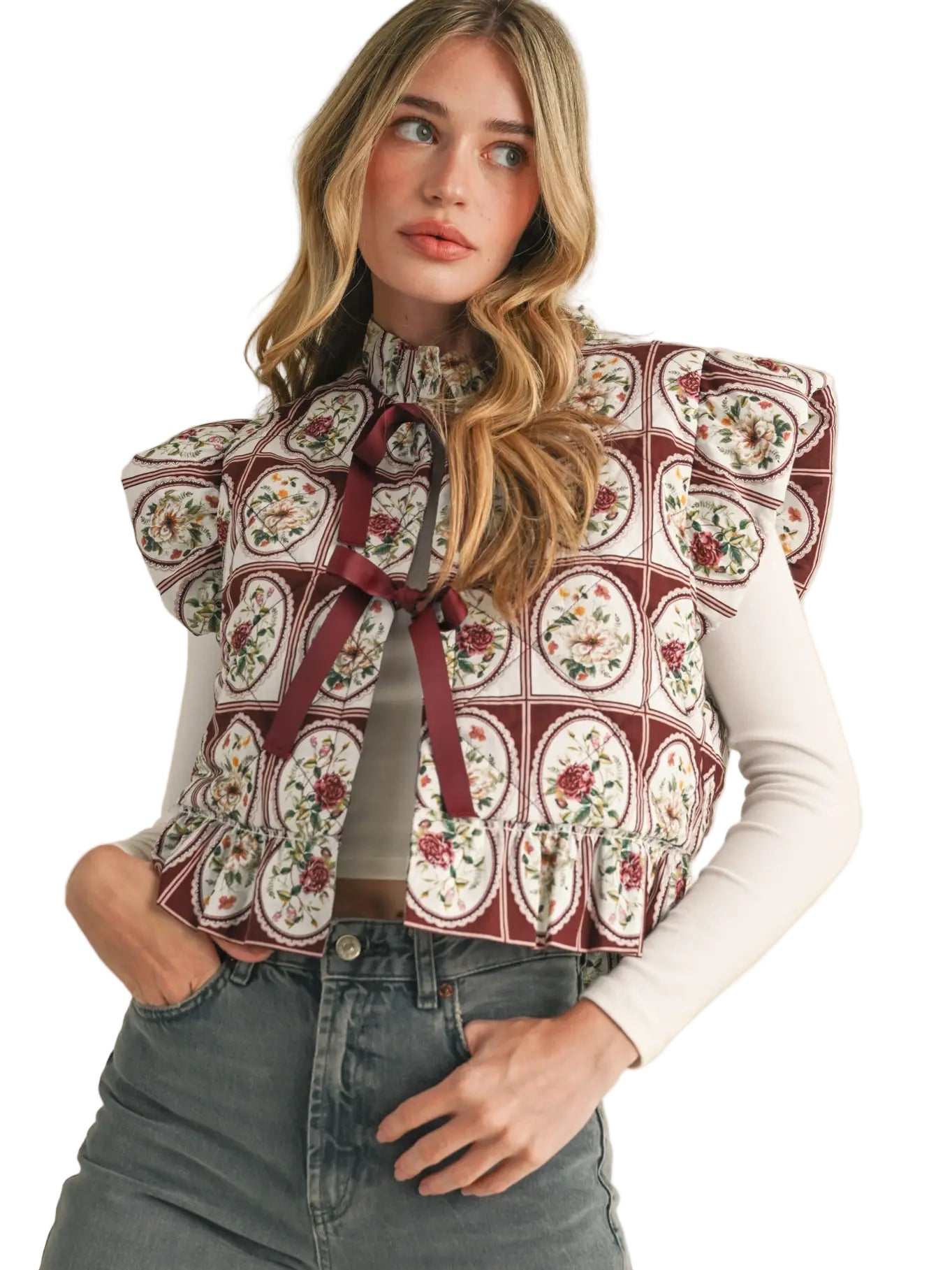 Flutter Sleeve Floral Puff Vest