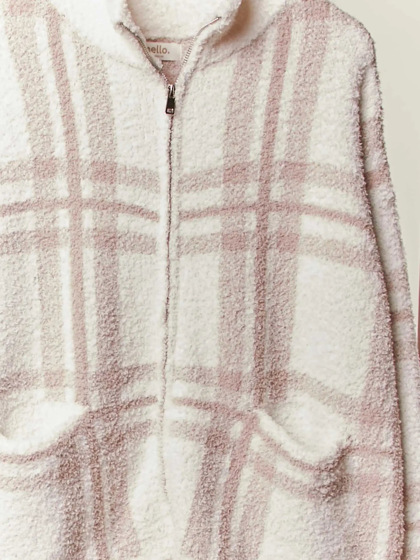 High Neck Plaid Knit Zip Up Jacket