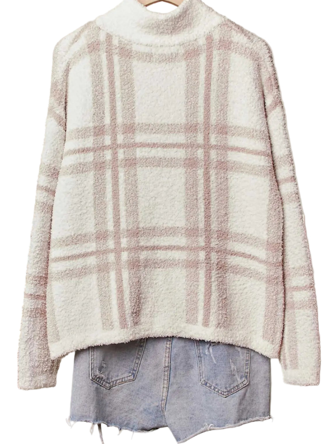 High Neck Plaid Knit Zip Up Jacket