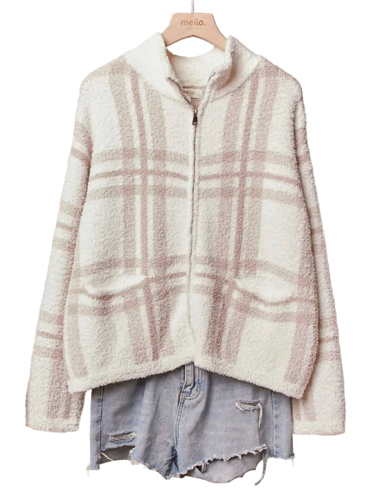 High Neck Plaid Knit Zip Up Jacket