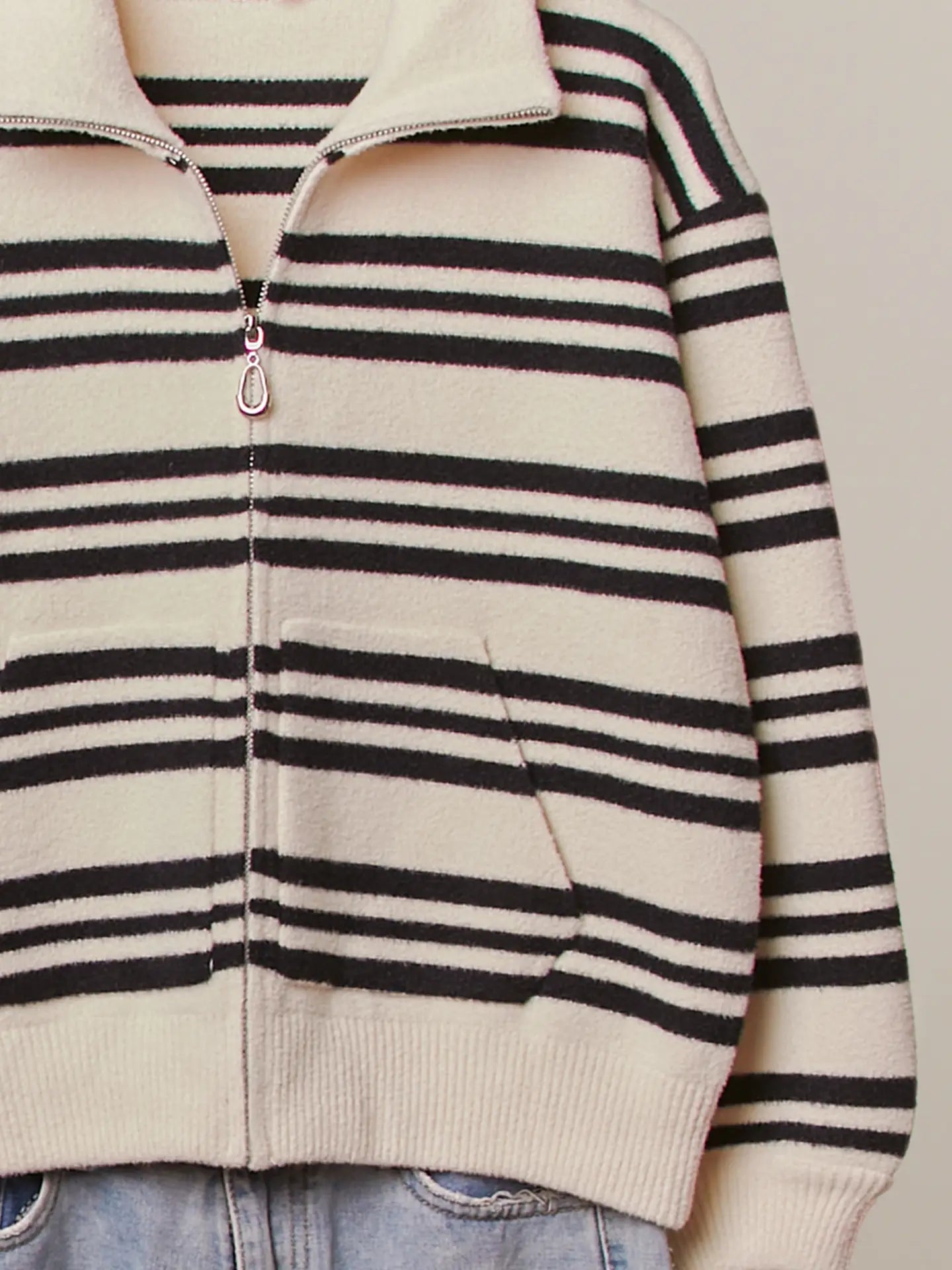Striped High Neck Knit Zip Up Jacket