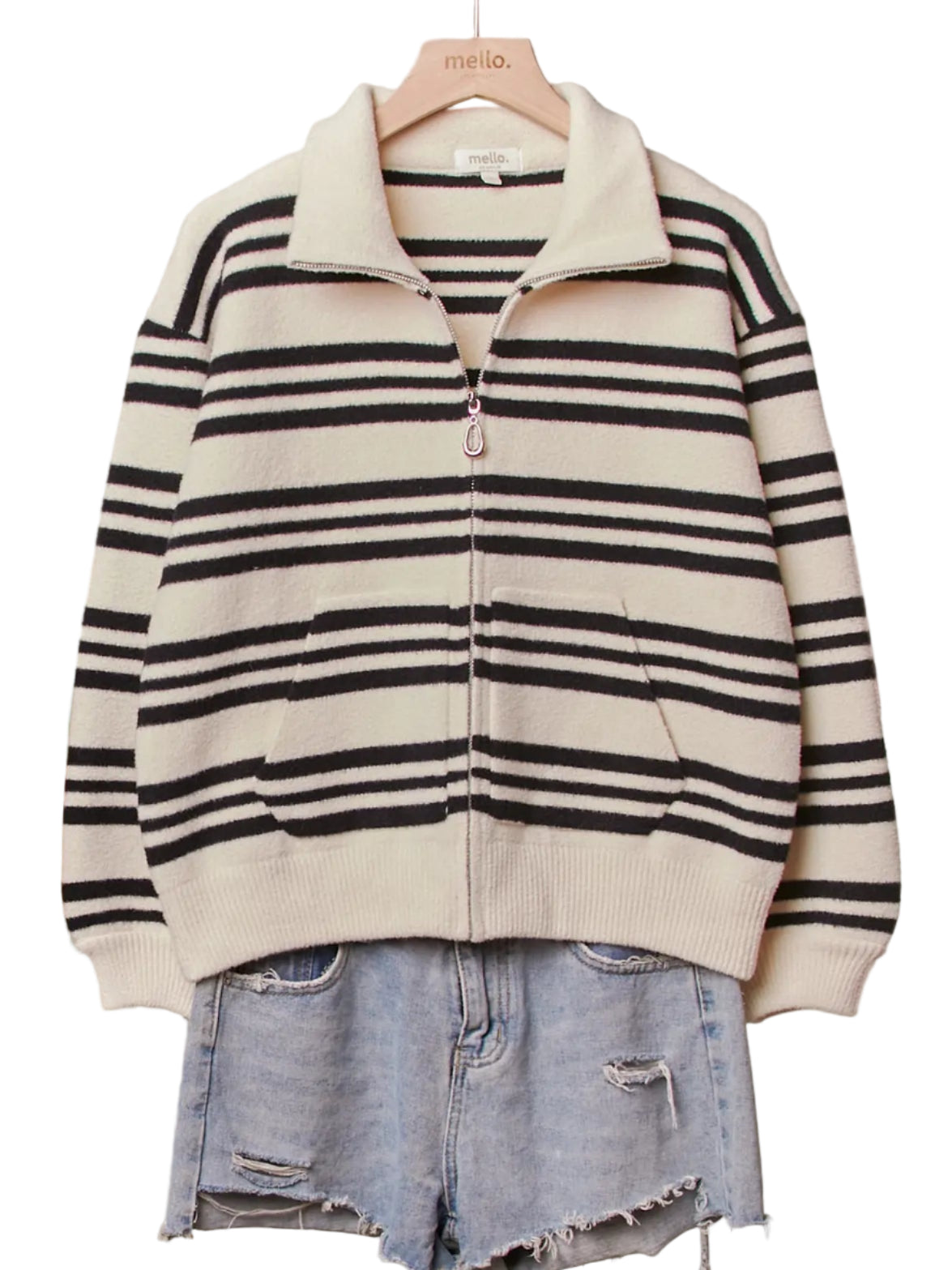 Striped High Neck Knit Zip Up Jacket