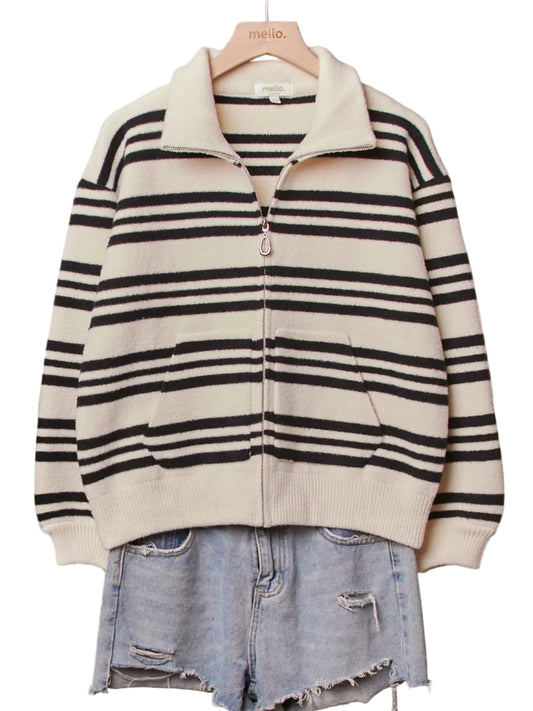 Striped High Neck Knit Zip Up Jacket