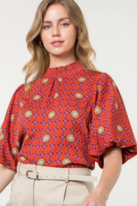 Mock Neck Puff Sleeve Print Top