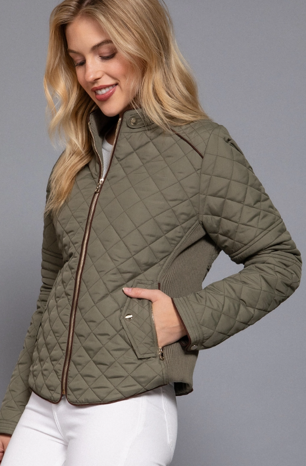 Suede Piping Detail Rib Quilted Padding Jacket