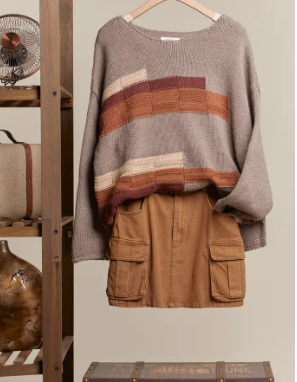 Raw Hem Obstract Print Boat Neck Knit Sweater