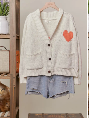 Collar Heart V-Neck Pocket Knit Cardigan