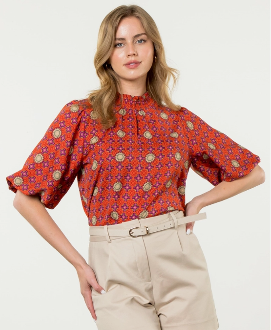 Mock Neck Puff Sleeve Print Top