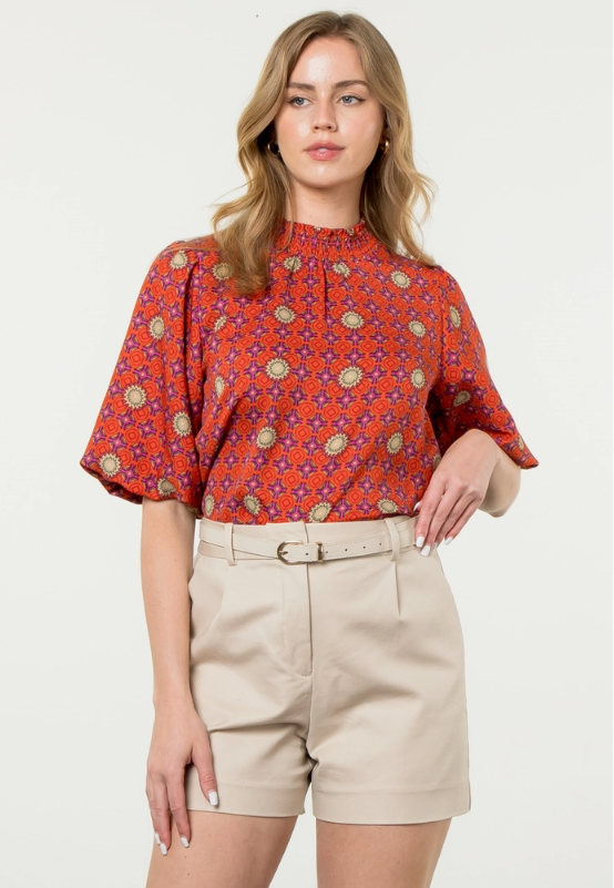 Mock Neck Puff Sleeve Print Top