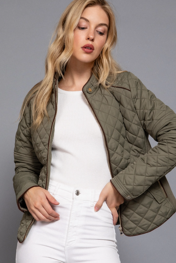 Suede Piping Detail Rib Quilted Padding Jacket