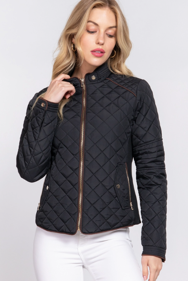 Suede Piping Detail Rib Quilted Padding Jacket