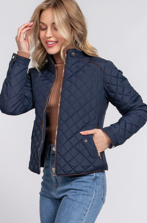 Suede Piping Detail Rib Quilted Padding Jacket