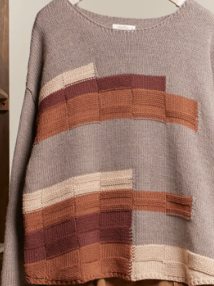 Raw Hem Obstract Print Boat Neck Knit Sweater