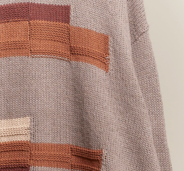 Raw Hem Obstract Print Boat Neck Knit Sweater
