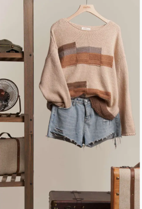 Raw Hem Obstract Print Boat Neck Knit Sweater