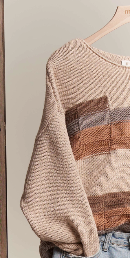 Raw Hem Obstract Print Boat Neck Knit Sweater