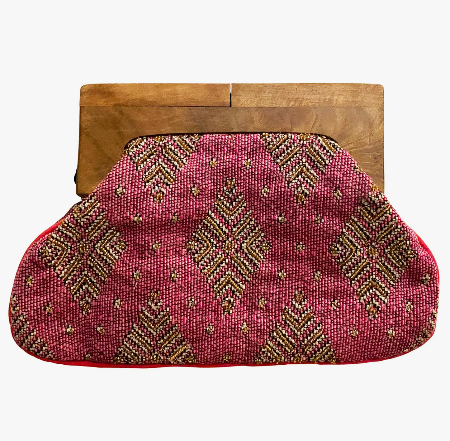 Pink Gold Beaded Clutch with Wooden Handle