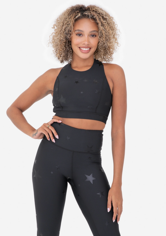 Black Star Foil Sports Bra with Overlay Back