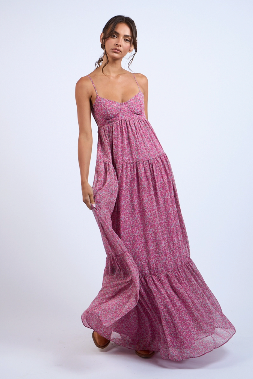 Ditsy Floral Open Back Hook & Eyes Maxi Dress