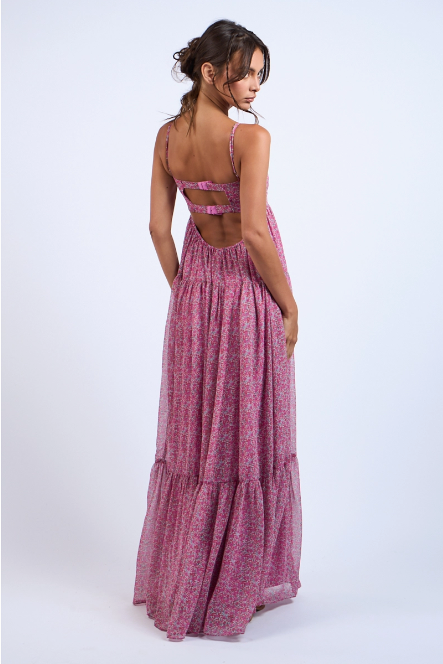 Ditsy Floral Open Back Hook & Eyes Maxi Dress