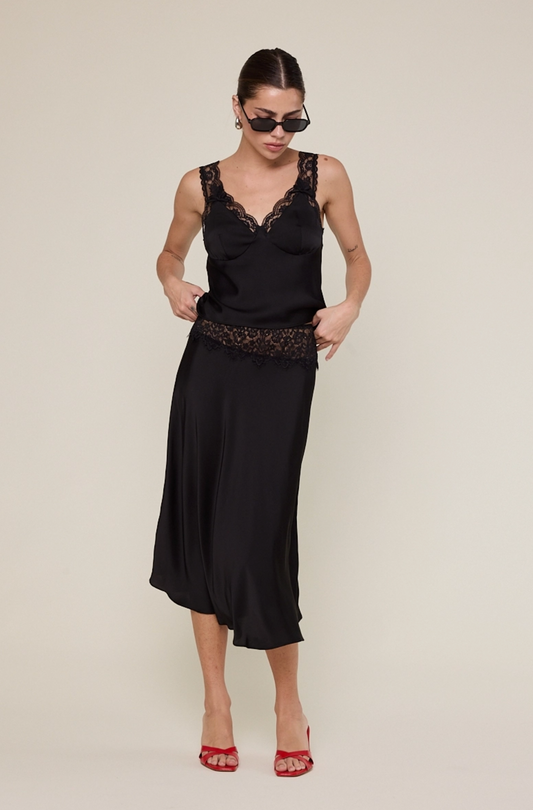 Satin Solid Color Lace Elastic Waist Midi Skirt