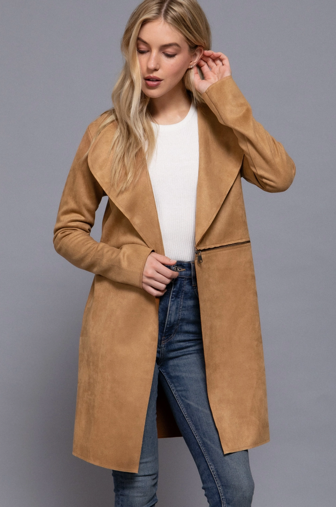 Long Sleeve Front Two Zipper Detail Faux Suede Long Jacket