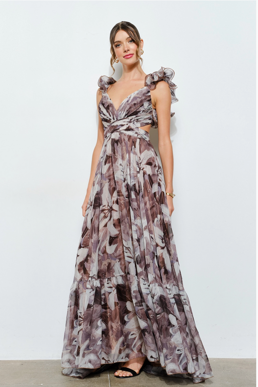 Ruffled Lace-Up Back Floral Maxi Dress