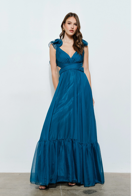 Organza Shoulder Strap Cutout Lace-Up Maxi Dress