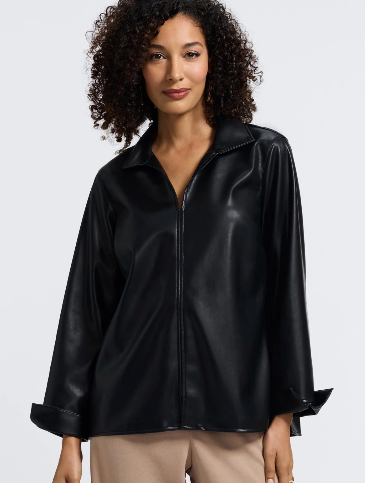 Agnes Vegan Leather Long Sleeve Popover Shirt