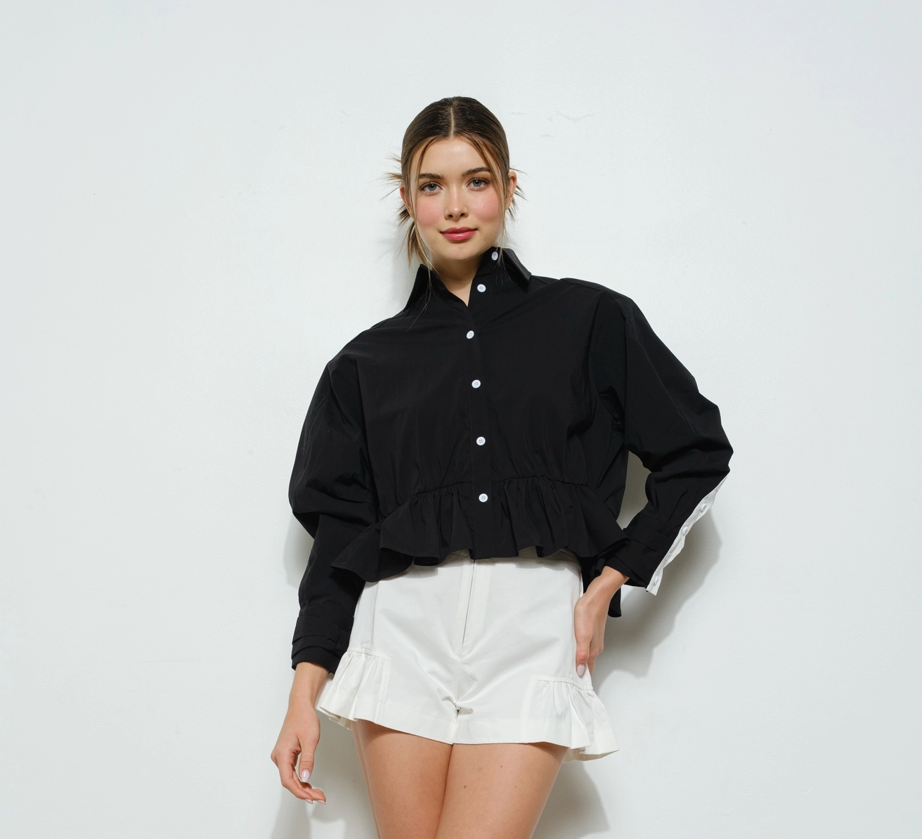 Long Sleeve Shirt with Peplum Detail At the Waist