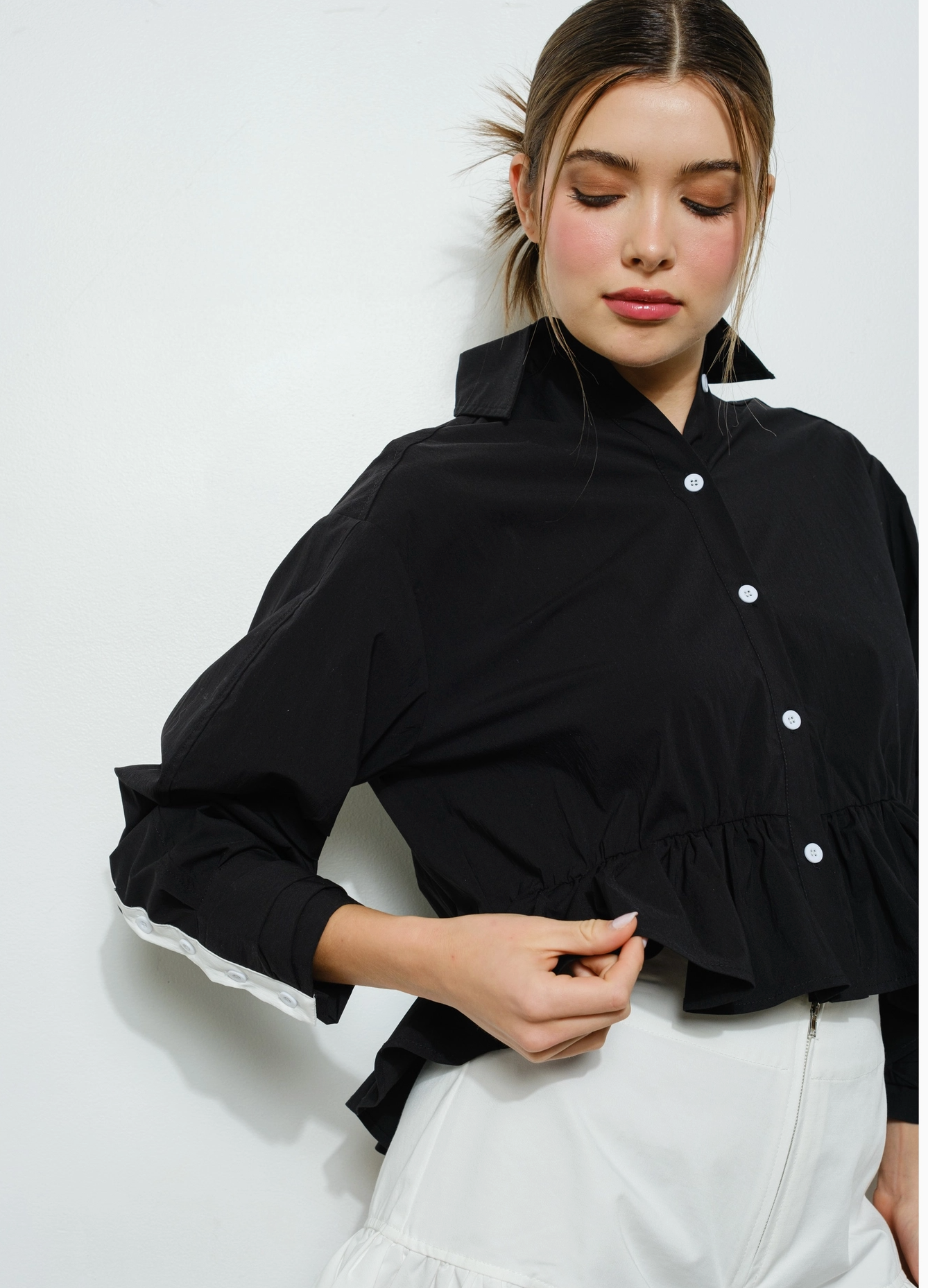 Long Sleeve Shirt with Peplum Detail At the Waist