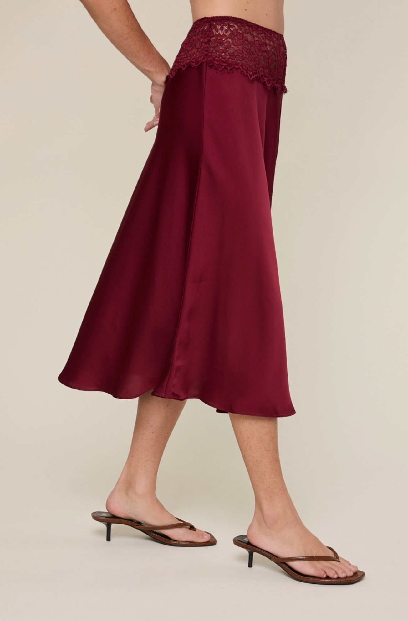 Satin Solid Color Lace Elastic Waist Midi Skirt