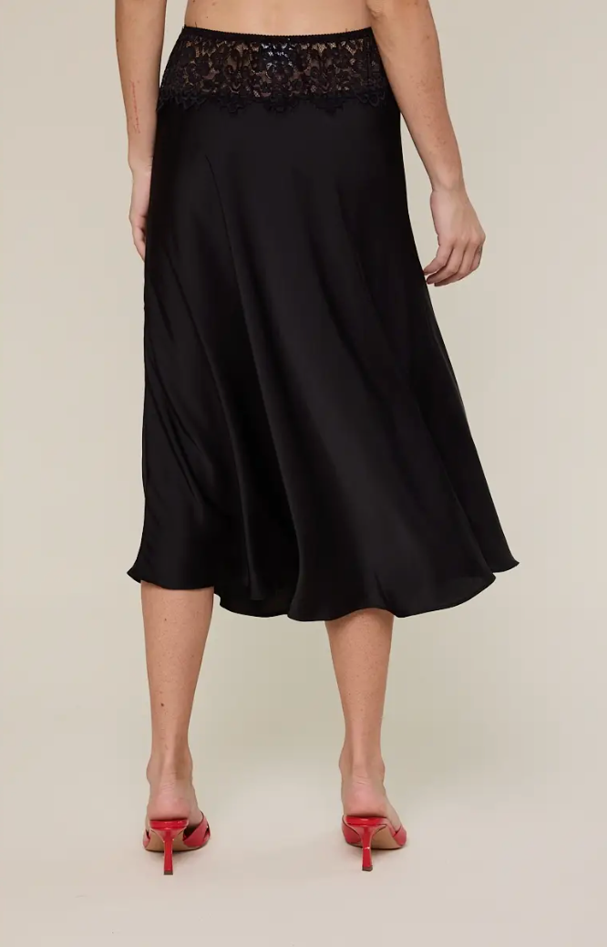 Satin Solid Color Lace Elastic Waist Midi Skirt