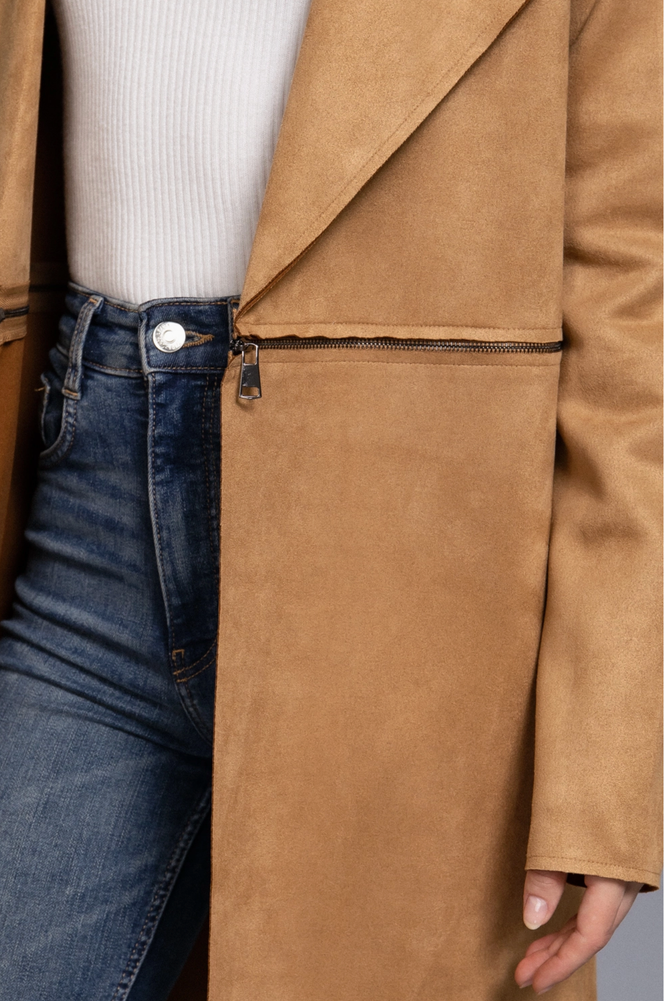 Long Sleeve Front Two Zipper Detail Faux Suede Long Jacket