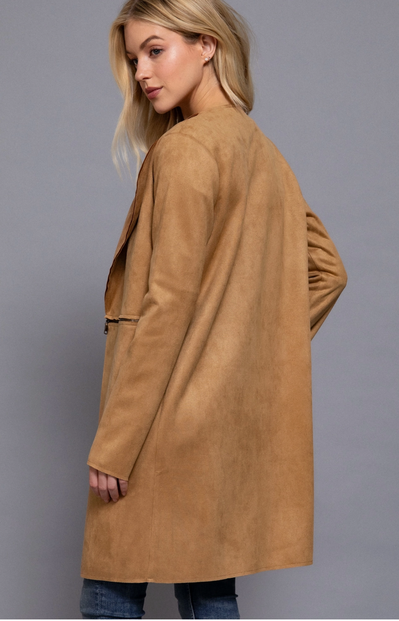 Long Sleeve Front Two Zipper Detail Faux Suede Long Jacket