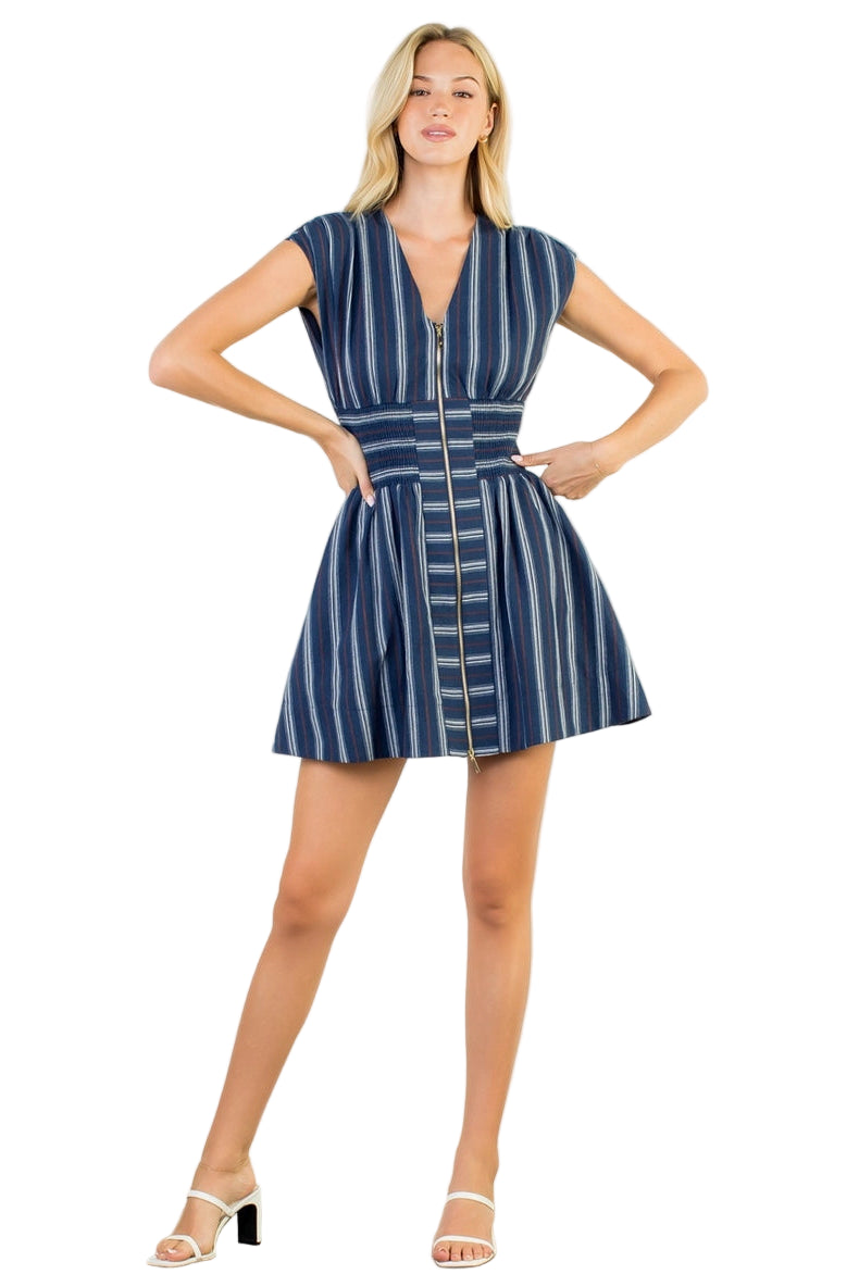 Short Sleeve Striped Pattern V-Neck Dress