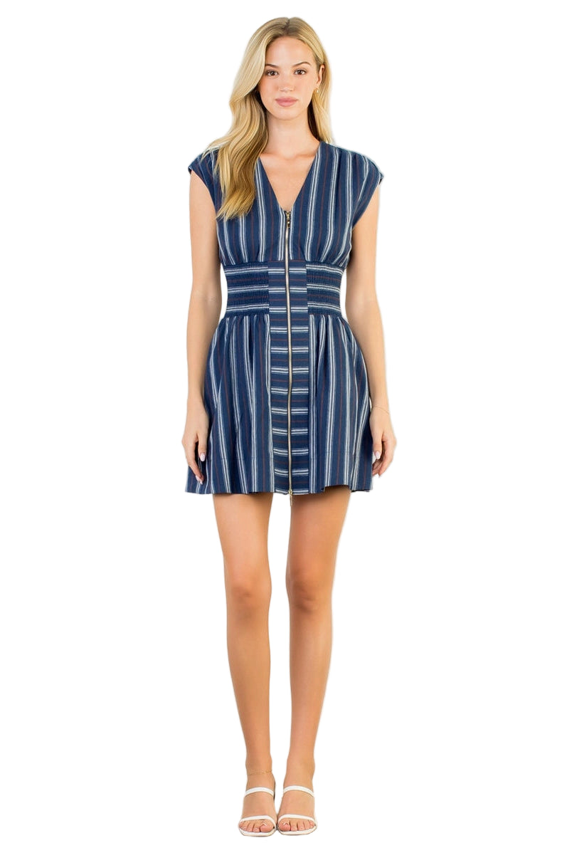 Short Sleeve Striped Pattern V-Neck Dress