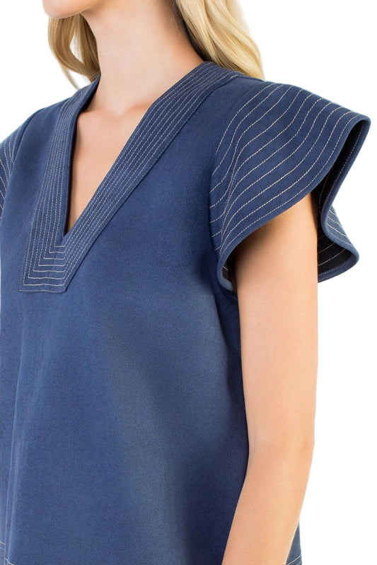 Flutter Sleeve V-Neck Suede Top