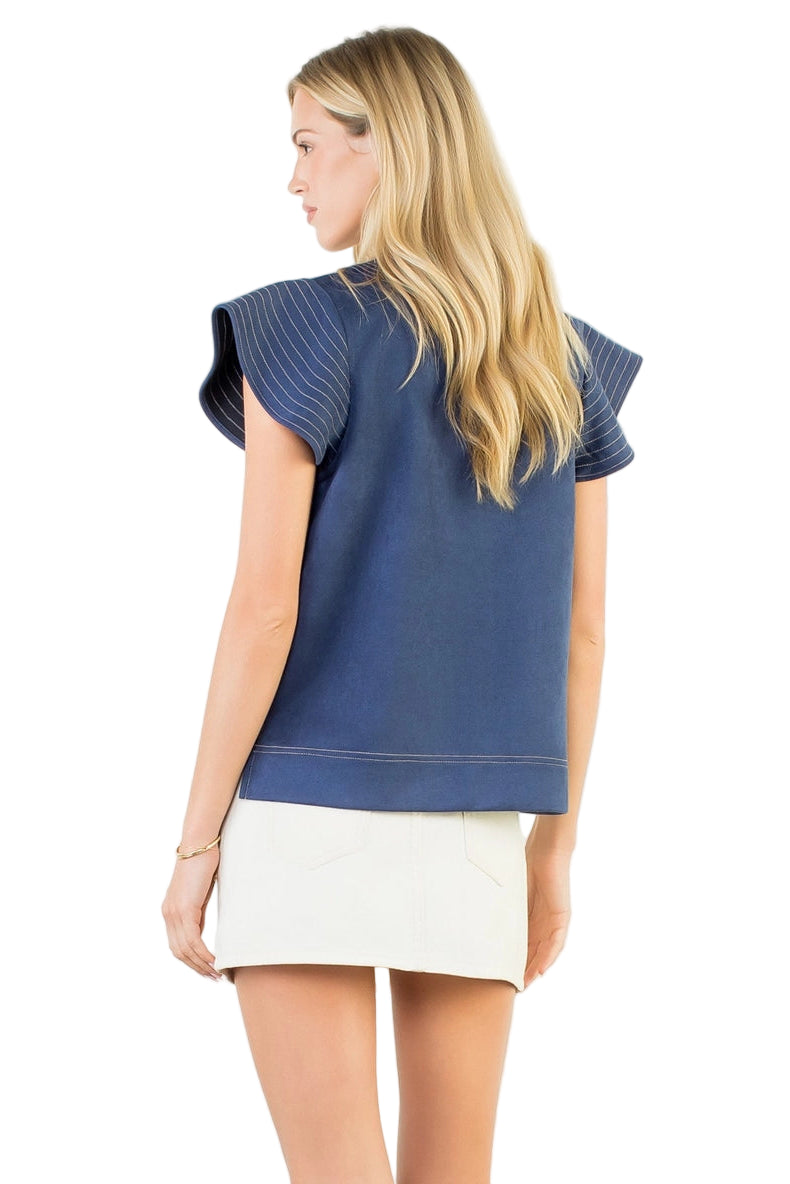 Flutter Sleeve V-Neck Suede Top