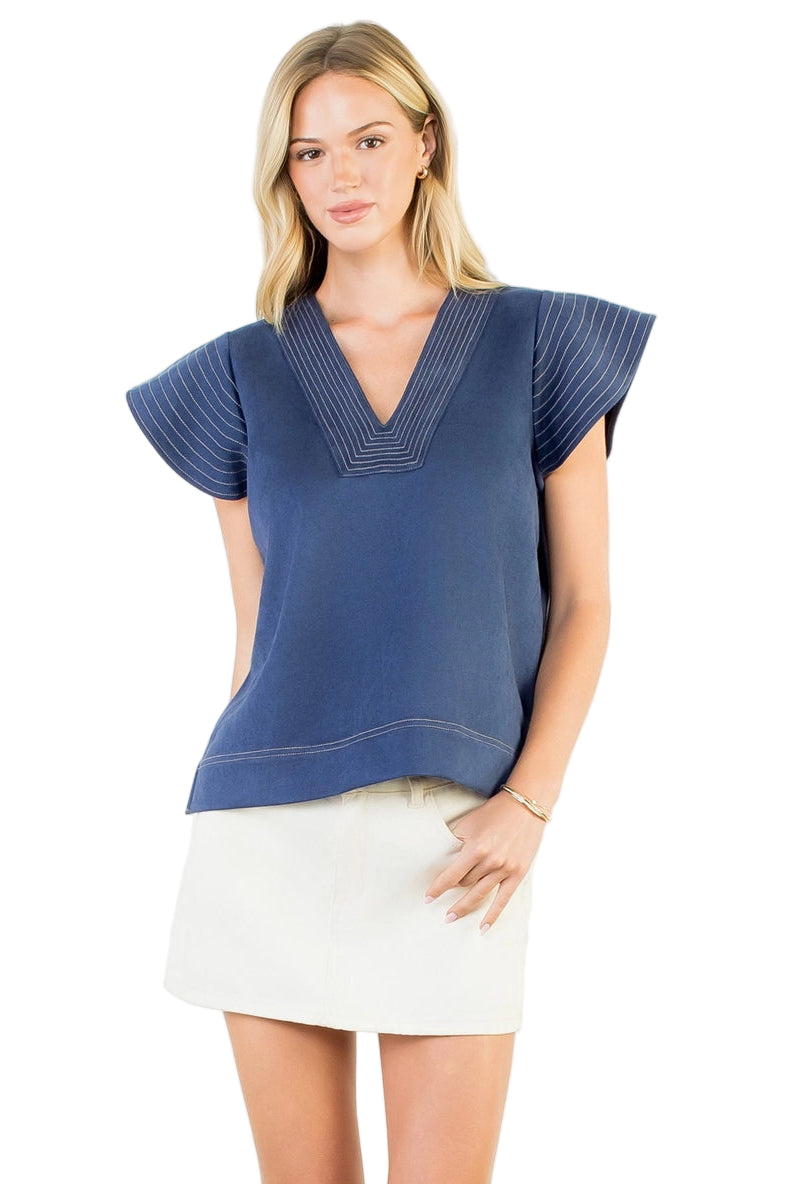Flutter Sleeve V-Neck Suede Top