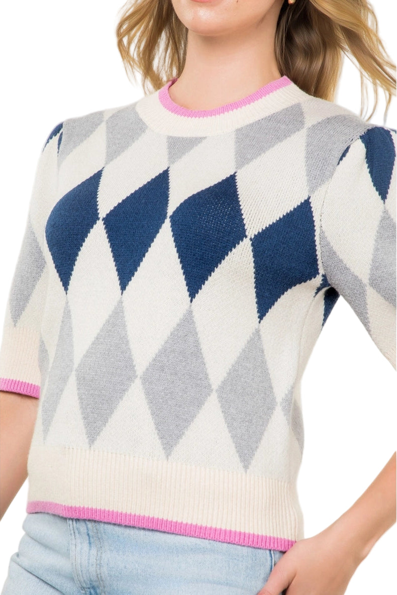 Short Sleeve Argyle Knit Top