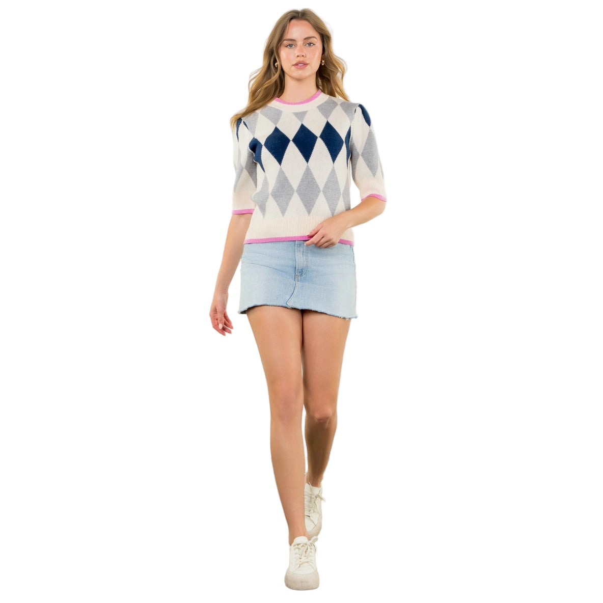 Short Sleeve Argyle Knit Top