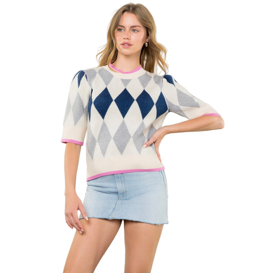 Short Sleeve Argyle Knit Top