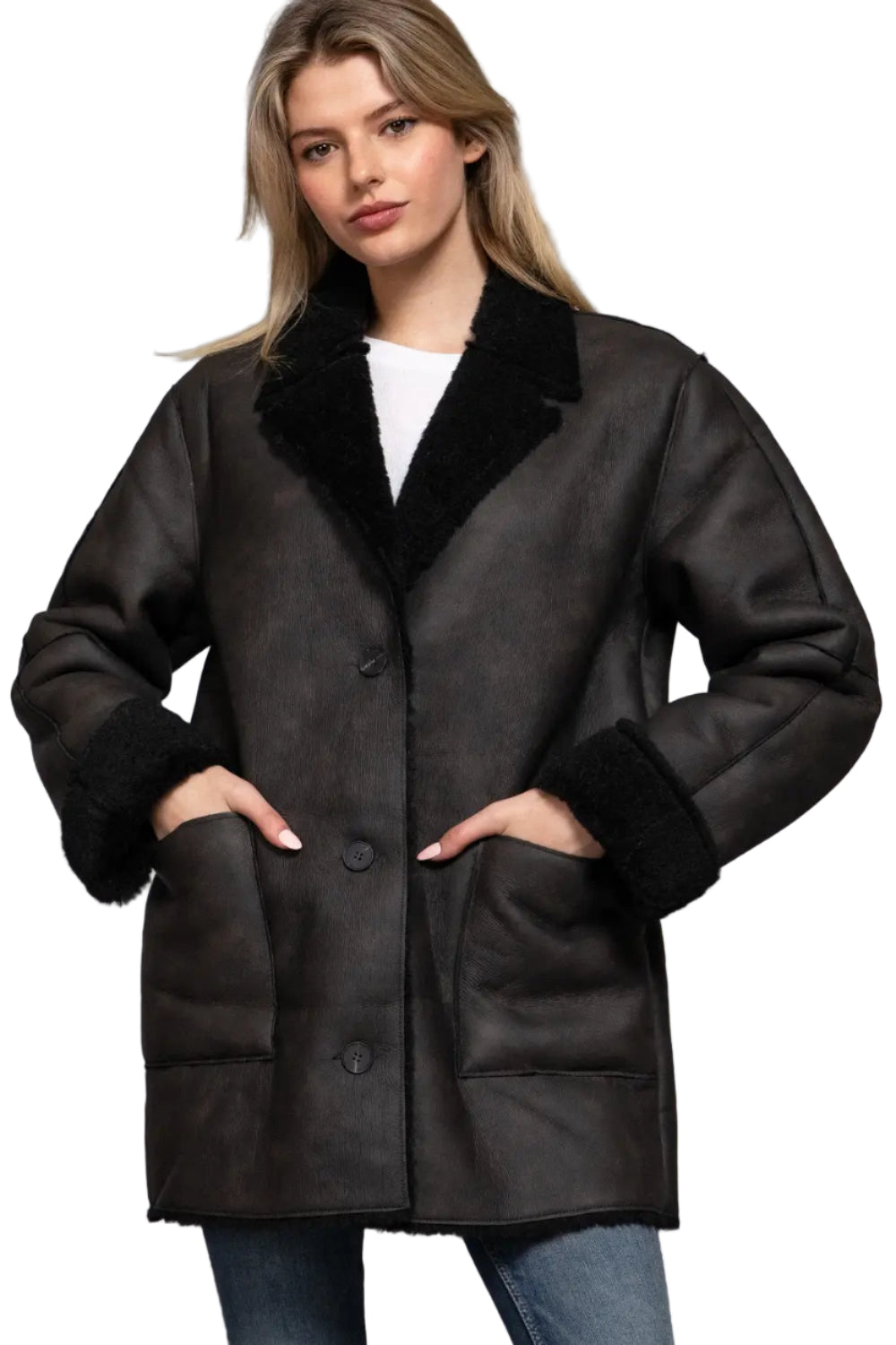 Button Down Double Sided Faux Leather Coat
